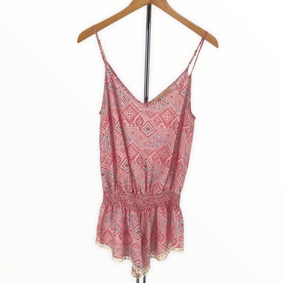 Paloma Blue Silk Pink Geometric Print Crochet Trim Romper Playsuit size Large - Picture 2 of 13